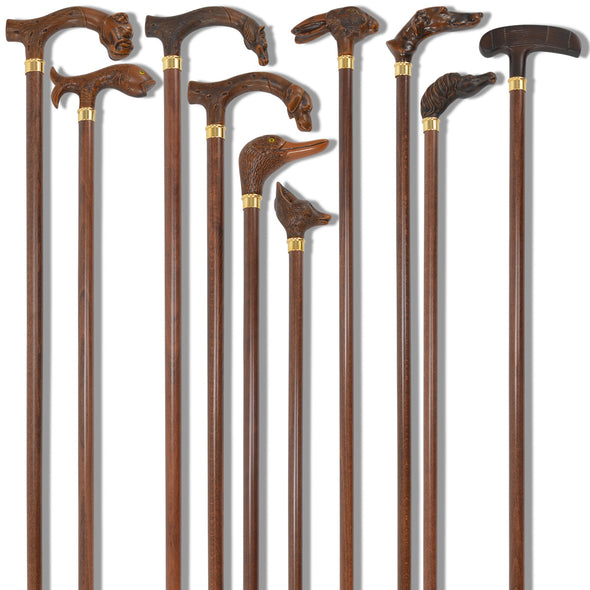 FWS1 Brown Finish Animal Head Walking Stick (10 Handle Options)